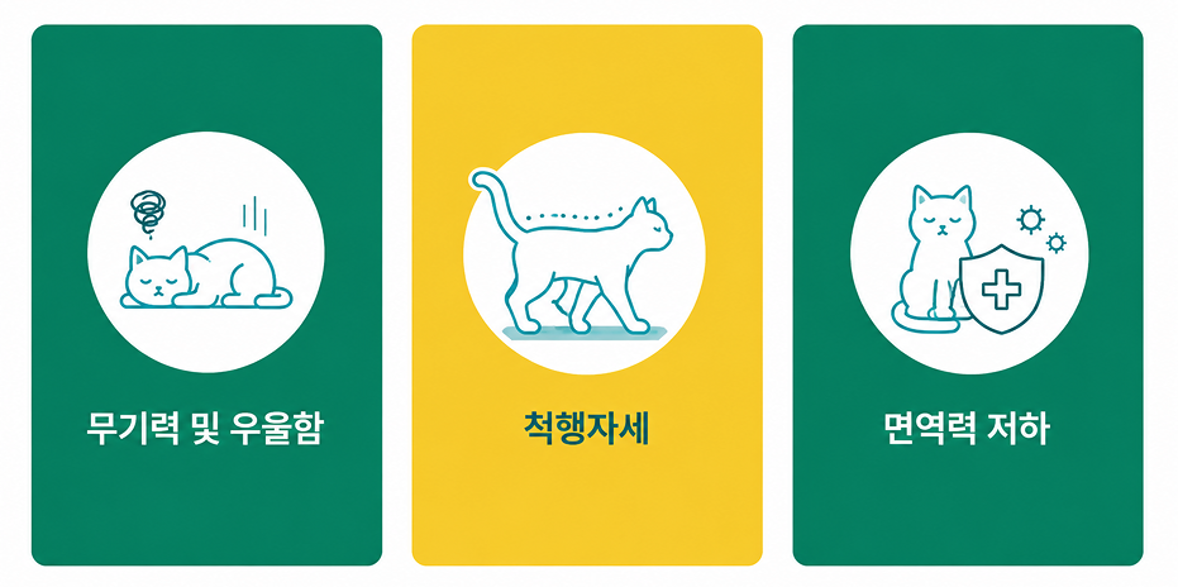 고양이 당뇨 증상 3가지 — 무기력 및 우울함, 척행자세, 면역력 저하 아이콘 카드
